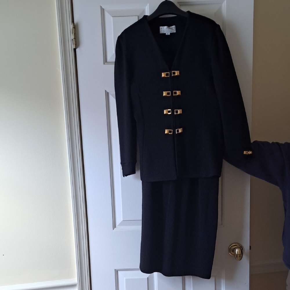 St. John Black Knit Skirt Suit with Gold Accent Hardware